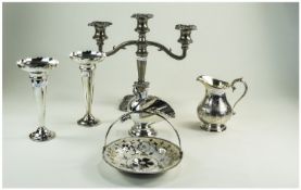 Collection Of Silver Plated Ware Comprising 3 Branch Candelabra, Cream Jug, Sugar In The Form Of A