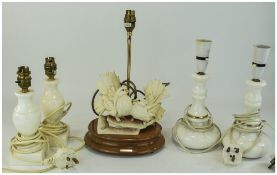 Collection of Four Onyx Table Lamps together with an Italian figural turtle doves table lamp on