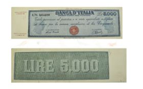 Banca D'Italia 5000 Lire Banknote - Date 14 August 1947 - 1948. Num E/N 5,654.680.