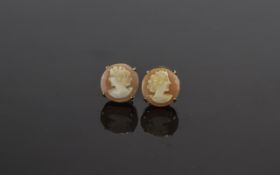 A Pair of 9ct Gold Cameo Set Earrings. F