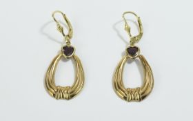 9ct gold garnet set drop earrings.