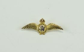 9ct Gold RAF Sweetheart Brooch of typical form with blue enamel.