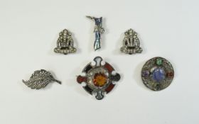 A Collection of Vintage Stone Set Silver Brooches / Earrings ( 6 ) In Total.