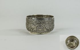 Indian Antique Silver Embossed and Chased Footed Bowl, Decorated with Images of Animals and Birds