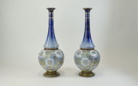 Pair Of Doulton Lambeth Vases Blue Ground Floral Decorated, Impressed marks To Base,