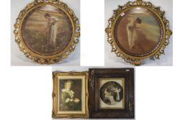 Pair of Art Nouveau Circular Prints depicting classical maidens. Gilt gesso frames, Some damage.