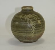Monogrammed Green Leaf Studio Pottery Stoneware Vase 4.5'' in height