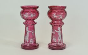 Mary Gregory Style 19th Century Cranberry Glass Pair of Decorative Vases. c.1880.
