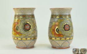 Charlotte Rhead Signed Pair of Vases In a Geometric Pattern, Rhodian Stylised Flower Heads.