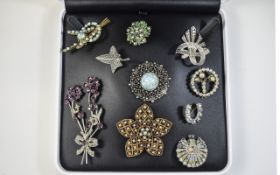 A Good Collection of 1920's, 1930's and 1940's Stone Set Brooches ( 10 ) In Total.