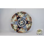 19thC Japanese Imari Charger, Painted Landscape Panels, Wired Back For Hanging, Diameter 18 Inches.