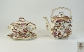 Masons - Ironstone Printed and Hand Painted Large Lidded Teapot ' Mandalay Red ' Pattern.