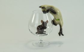 Beswick Novelty Cat and Mouse In a Glass Figure, The Mouse In a Large Brandy Glass with Cat