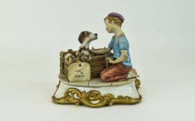 Capodimonte Very Nice Quality Signed and Early Figure of a Young Boy with Dog For Sale.
