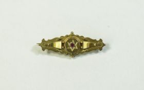 Victorian 9ct Yellow Gold Ruby and Diamond Set Brooch / Locket. Marked 8ct. 1.75 Inches Wide. 3.