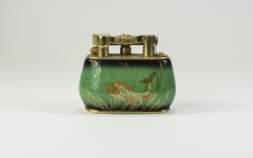 Dunhill Gilt Metal Table Lighter, Aquarium Lighter. 3.25 Inches High, 3.