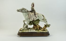 Capodimonte Large and Impressive Signed Figure of a Lady Seated on a Galloping White Horse, Raised