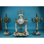 French Late 19th Century Marque Deposee Marble and Brass Clock Garniture Set with 8 Day Striking