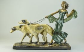 Art Deco Hand Painted Plaster Figure - Stylish Lady with Pair of Russian Wolfhound Borzoi Dogs.