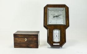 19thC Rosewood Tea Caddy, Straight Square Form With Hinged Top, Twin Compartment With Lids ,