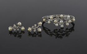 White Cultured Pearl Bangle and Drop Earrings Set, white fresh water pearls highlighted with clear