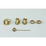 9ct Gold Cameo Set, Comprises Ring, Pair of Earrings, Pair of Studs, Stick Pin ( 6 ) Items In Total.