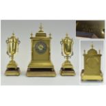French Paris Three Piece Clock Garniture Set, Lacquered Brass Architectural Case Silvered Chapter