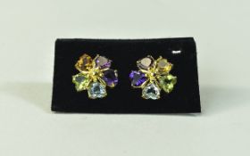 Heart Cut Multi Gemstone Stud Earrings, a heart cut amethyst, rhodolite garnet, sky blue topaz,