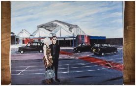 Modern Large OIl on Canvas Picture. 1. 'Man and Woman outside Blackpool North Train Station'. 36 x
