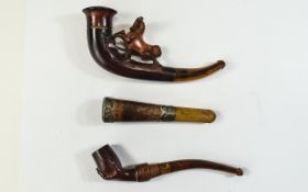Victorian Very Fine Small Meerschaum Carved Pipe with Leather Case + a Further Very Fine and Small