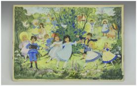 Painting of Children at Play 'Round the Mulberry Bush'. Signed Patience Arnold. 18.5 by 13 inches