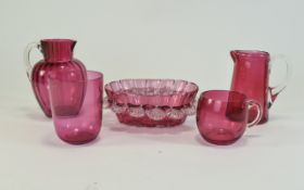 Victorian - Collection of Cranberry Coloured Glass Items ( 5 ) In Total.