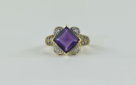9ct Gold Diamond Dress Ring central amethyst between four diamond chips. Fully hallmarked.