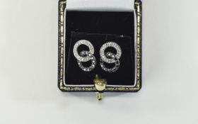 9ct White Gold Diamond Stud Earrings Round Cut Black & White Diamonds , Interlocking Ring Setting,