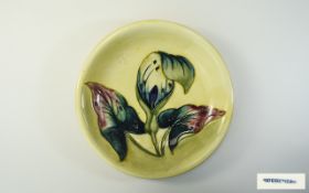 Moorcroft Shallow Bowl ' Arum Lily ' Pattern on Yellow Ground. 7.25 Inches Diameter.