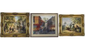 Pair of Modern Continental Oil on Canvas in gilt frames. Both depicting figures.