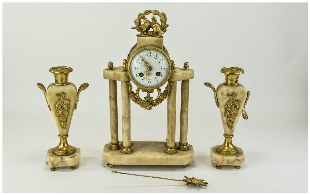 Lardot & Boyon Paris Three Piece Clock Garniture Set, white enamel dial, Arabic numerals, gilt metal