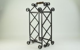 Antique Cast Iron Umbrella Stand with Wooden Carrying Handle, Scroll Feet. 17.5 Inches High.