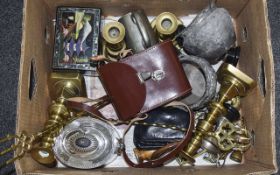 Box of Metalware and Collectables comprising brass ornaments, silver plated trophies, fern pot,