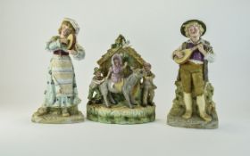 Pair of German Bisque Country Folk Figures playing instruments, 13 inches in height. Together with