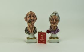 Capodimonte Novelty Rare Pair of Grandmother and Grandfather Busts by Sandro Maggioni. c.1970's.