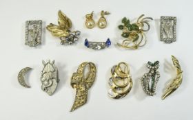 A Collection of Vintage Stone Set Brooches and Earrings. 11 Brooches and a Pair of Earrings.