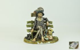 Capodimonte Early Signed Figure ' Tramp on a Bench Resting ' Signed Cortese. Height 8.