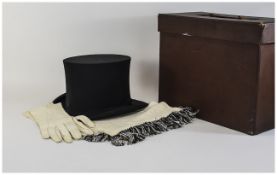 A Quality Gents Top Hat From Carswell of Glasgow, Complete with Leather Gloves and Silk Scarf.