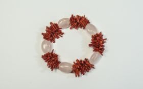 Branch effect coral and rose quartz elasticated bracelet