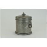 Unity Pewter Biscuit Barrel/Tobacco Jar Pull Off Lid, Planished Body With Two Lion Mask And Ring