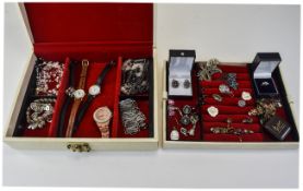 Jewellery Box containing a selection of costume jewellery comprising earrings, necklace, rings,