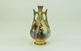 Royal Worcester Hand Painted Twin Handle Small Vase ' Peacock In a Woodland Setting ' Signed Bray.