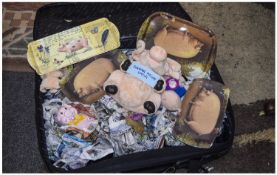 Suitcase containing a collection of Piggin Figures and associated items, soft toys, trays etc