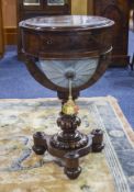 Victorian High Quality Circular Mahogany Sewing Box on Ornately Carved Pedestal Column,